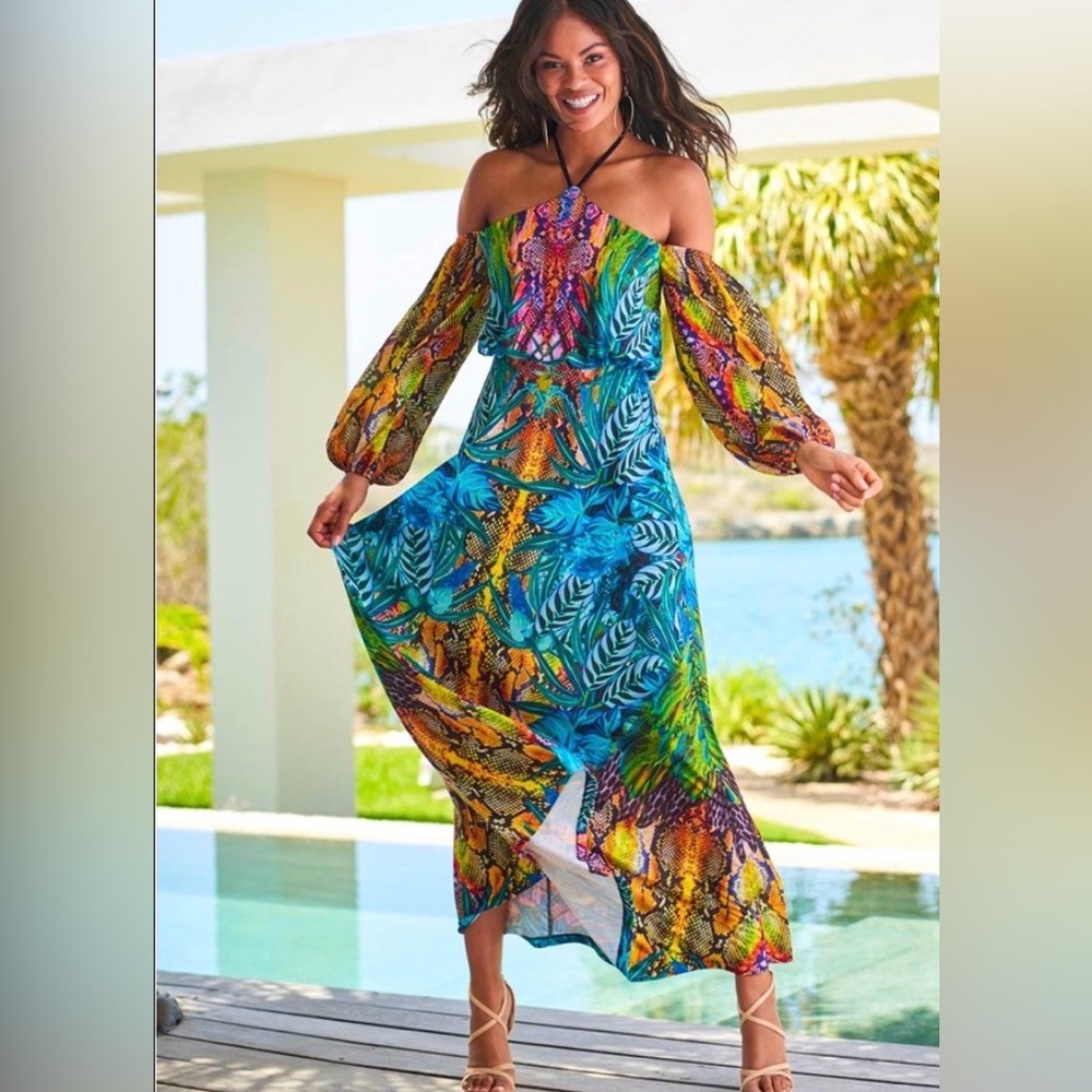 VENUS Vibrant Off-Shoulder Maxi Dress